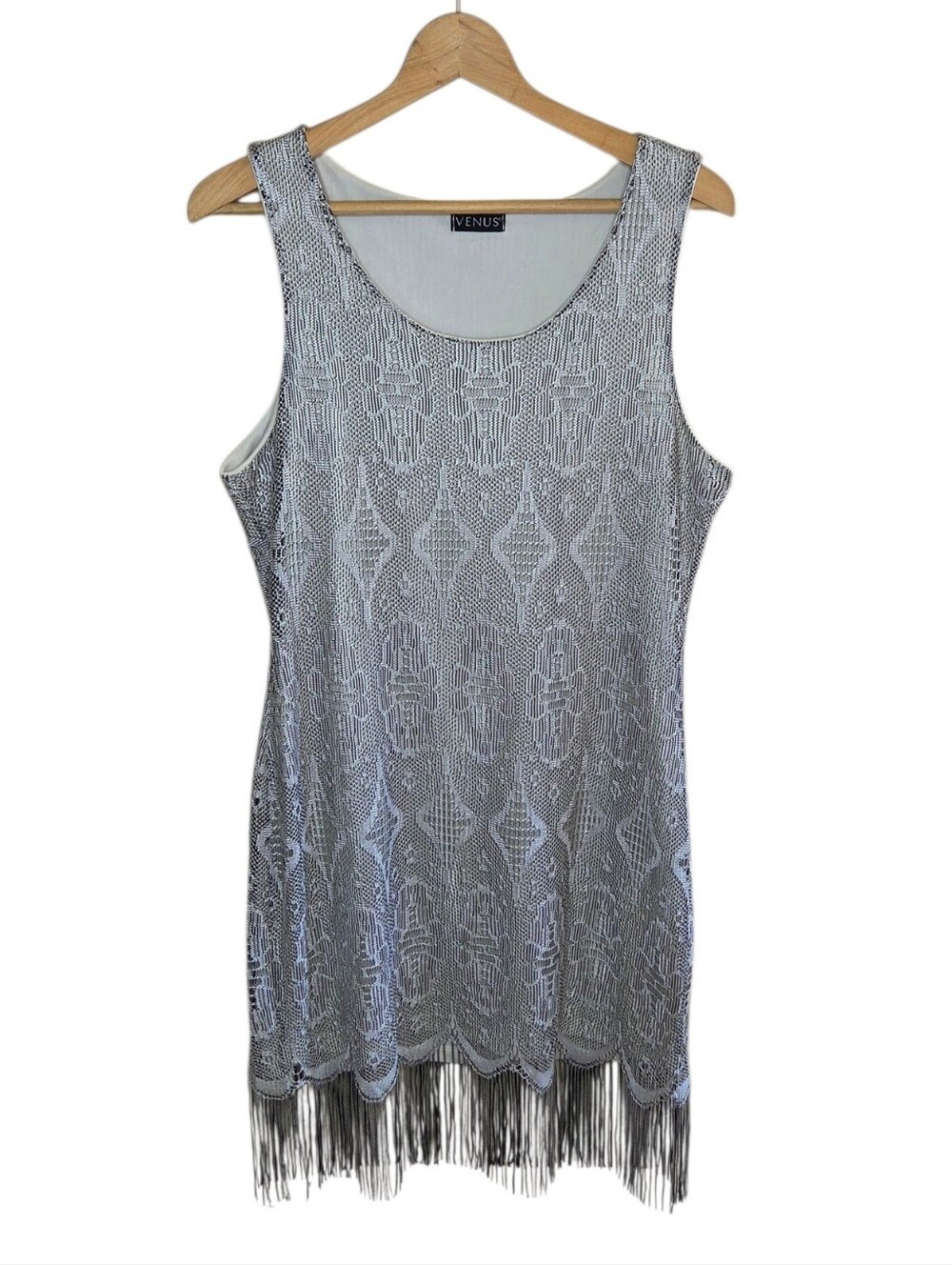 Venus Gray Lace Overlay Bodycon Flapper Mini Dress Fringe Tassel Hem Size Large